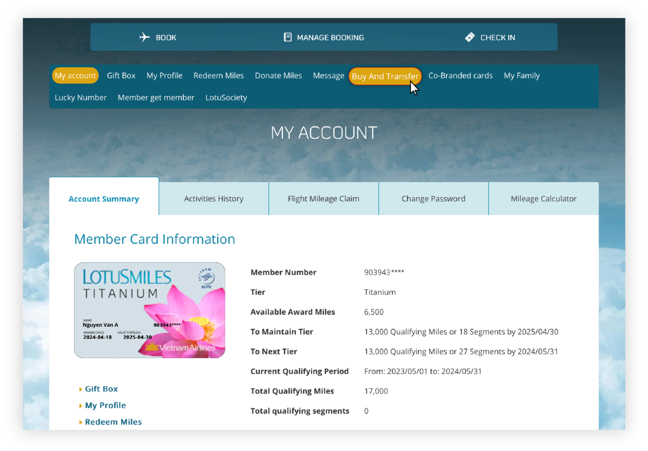 Instructions for transferring bonus miles on the website 2.